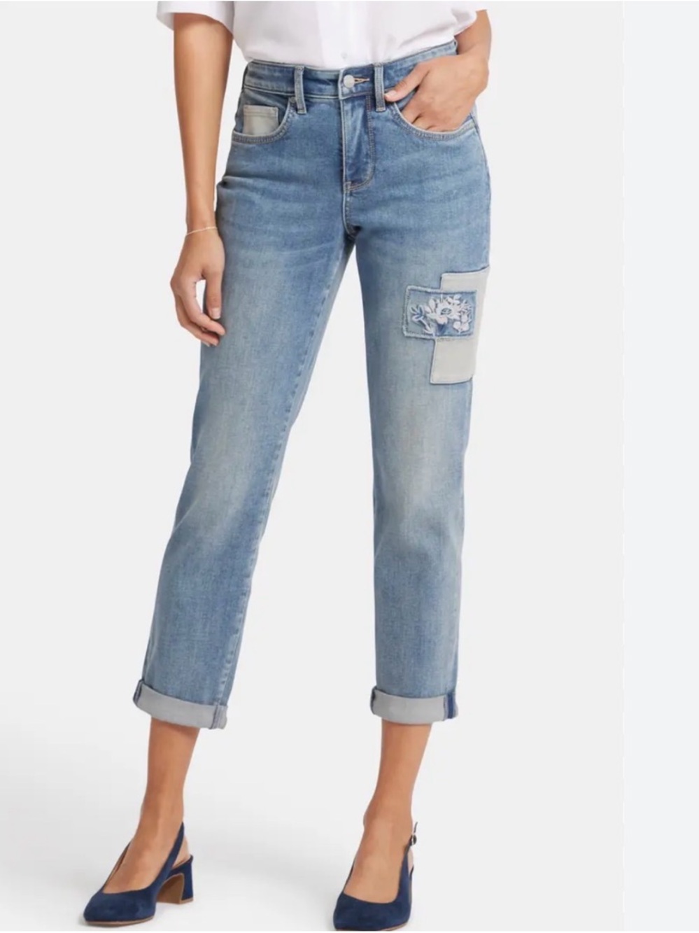 NYDJ Women's Light Blue Patch Detail Straight-Leg Jeans